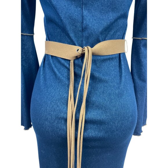 Moa Moa Blue Denim Bell Sleeve Dress With Tan Waist Tie Size M - Picture 6 of 9